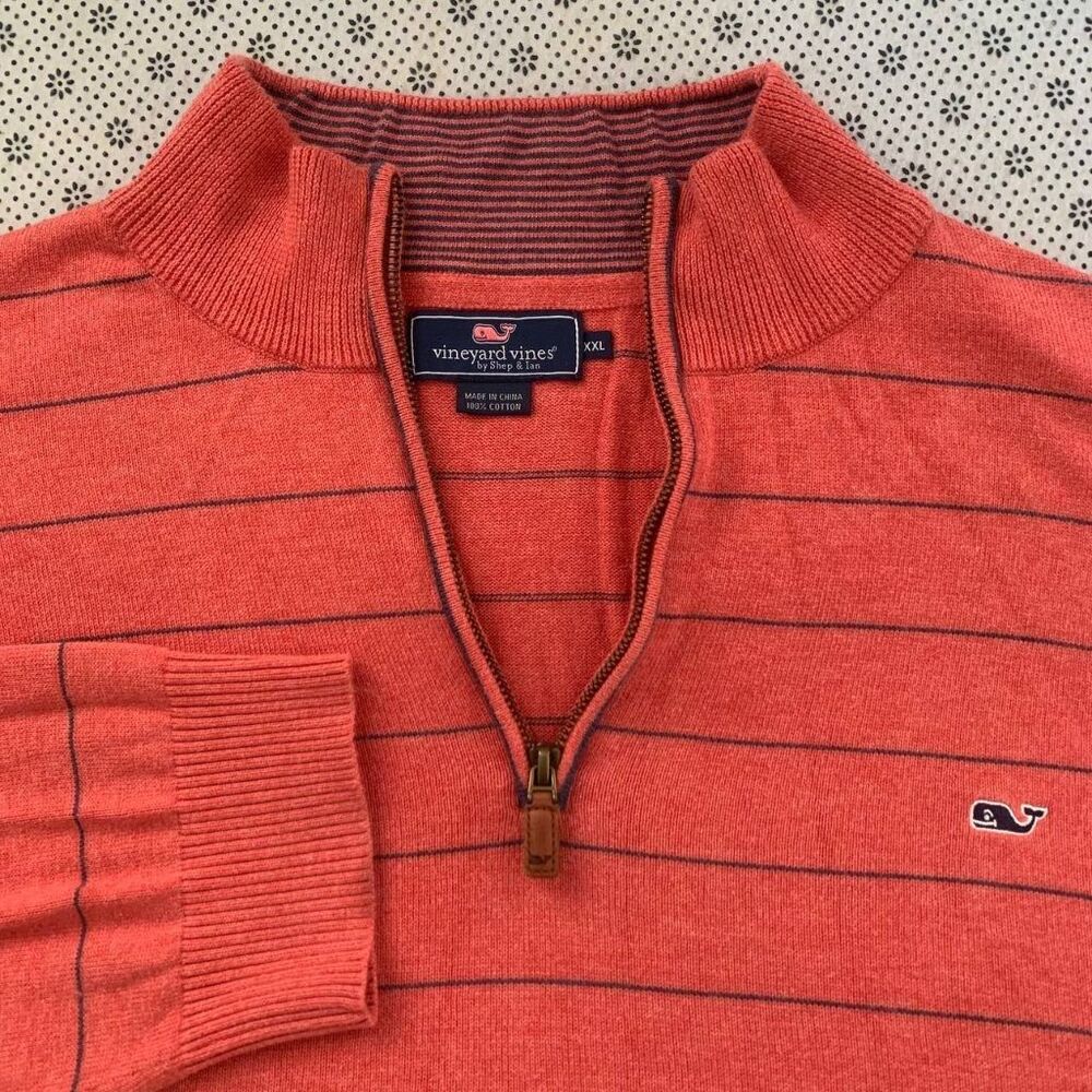 Vineyard Vines Quarter Zip Sweater XXL Coral Stripe 100% Cotton Whale Logo